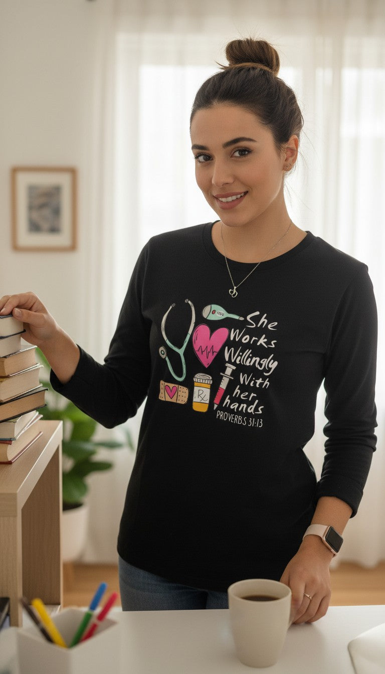 “Black nurse long sleeve shirt with inspirational quote – Clinical Outfitters”