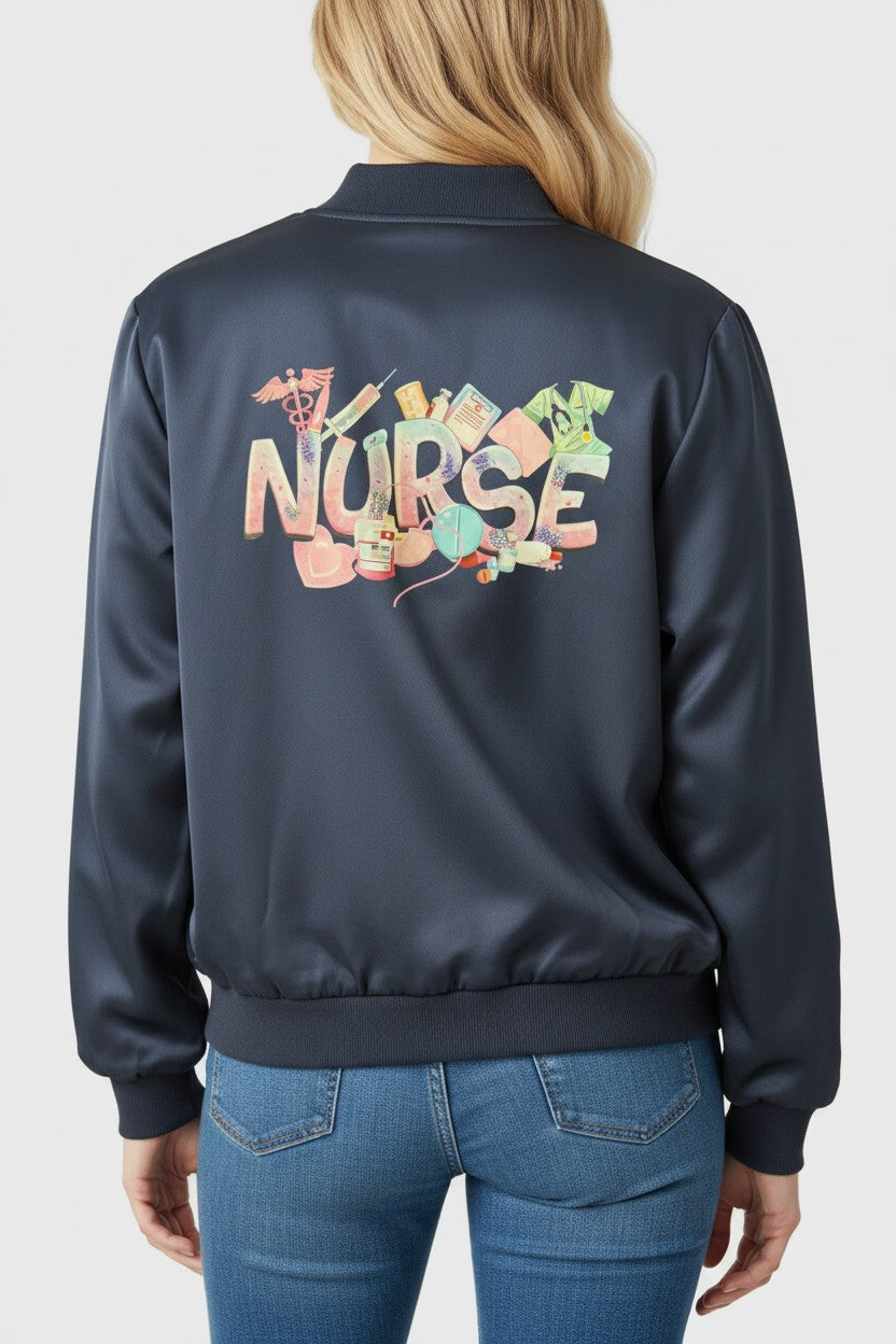 Nurse Bomber Jacket Navy Satin with Back Print