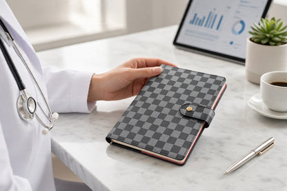 Rounds Ready blue checkered padfolio with a gold-tone snap closure on a desk