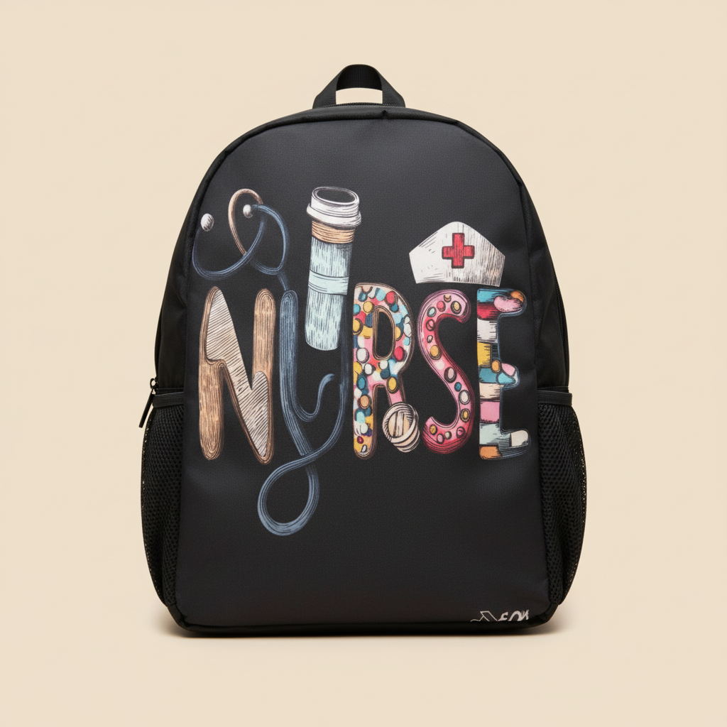 “Black nurse backpack with medical design – Clinical Outfitters”