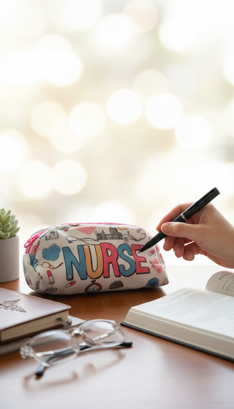 “Nurse cosmetic pouch with medical icons – Clinical Outfitters”