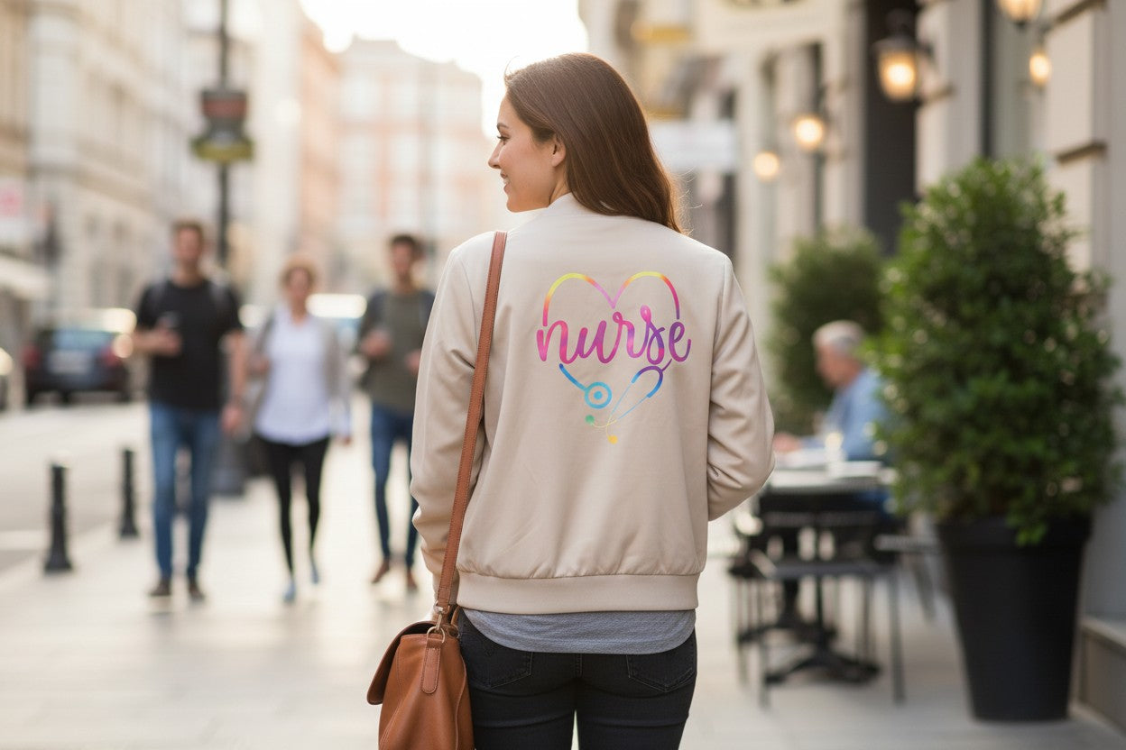 Nurse Jacket - Beige with Colorful Heart Design