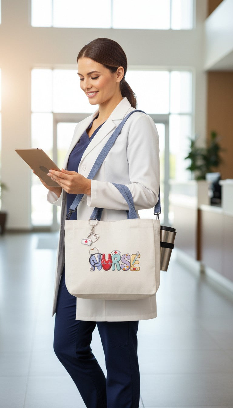 “White canvas nurse tote bag with colorful lettering and charm – Clinical Outfitters”