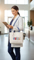 “White canvas nurse tote bag with colorful lettering and charm – Clinical Outfitters”